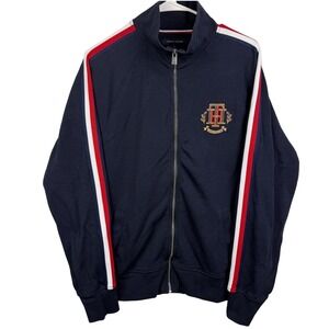 Tommy Hilfiger Men's Track Jacket Medium Navy TH Crest Full Zip Stripe Sleeve